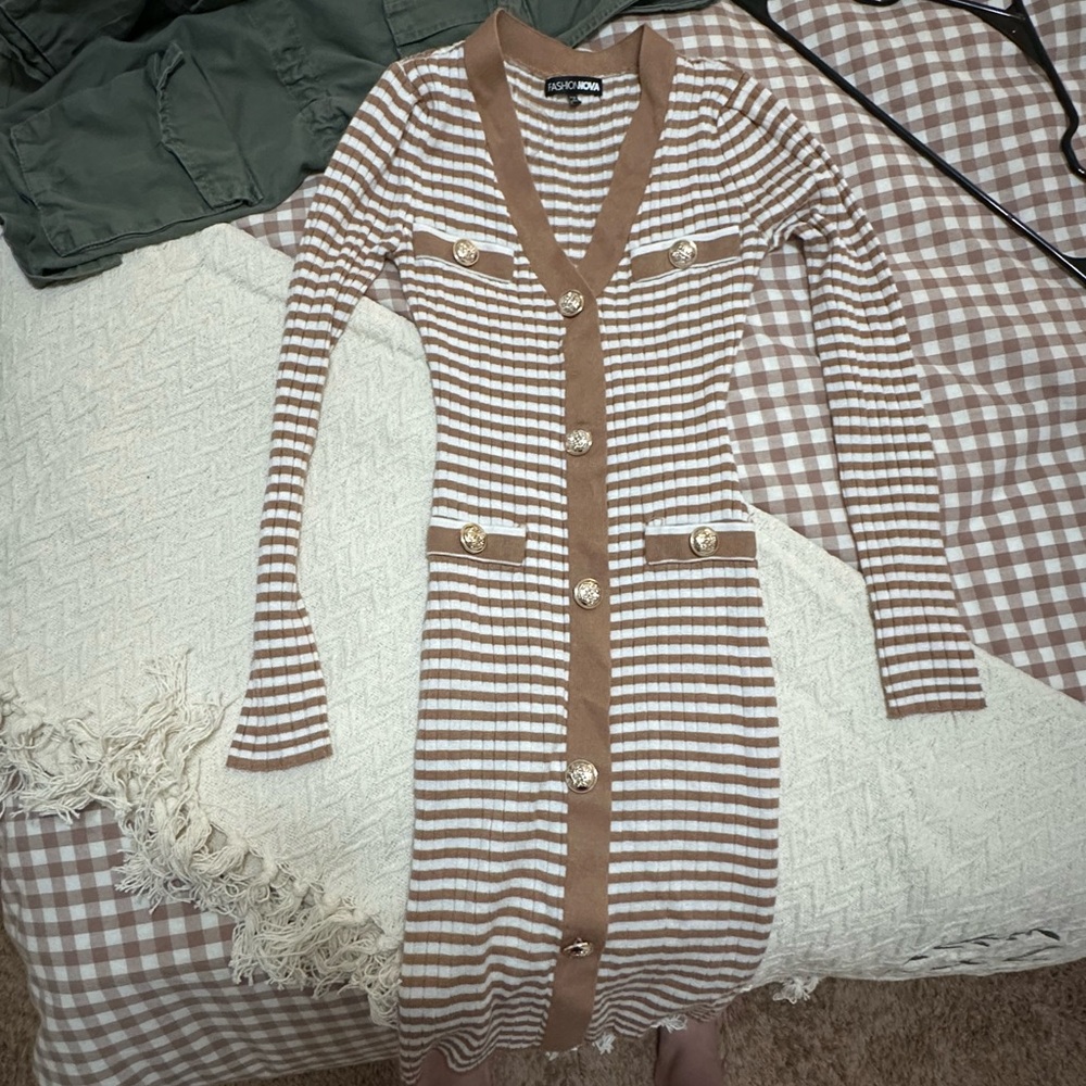 Fashion Nova Tan and White Striped Midi Dress
